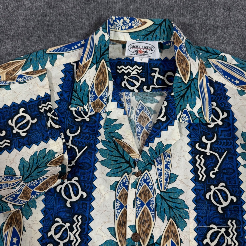 VTG Pacific Legend Hawaiian Shirt Surfboard Turtle Mens XL Blue White USA EUC
